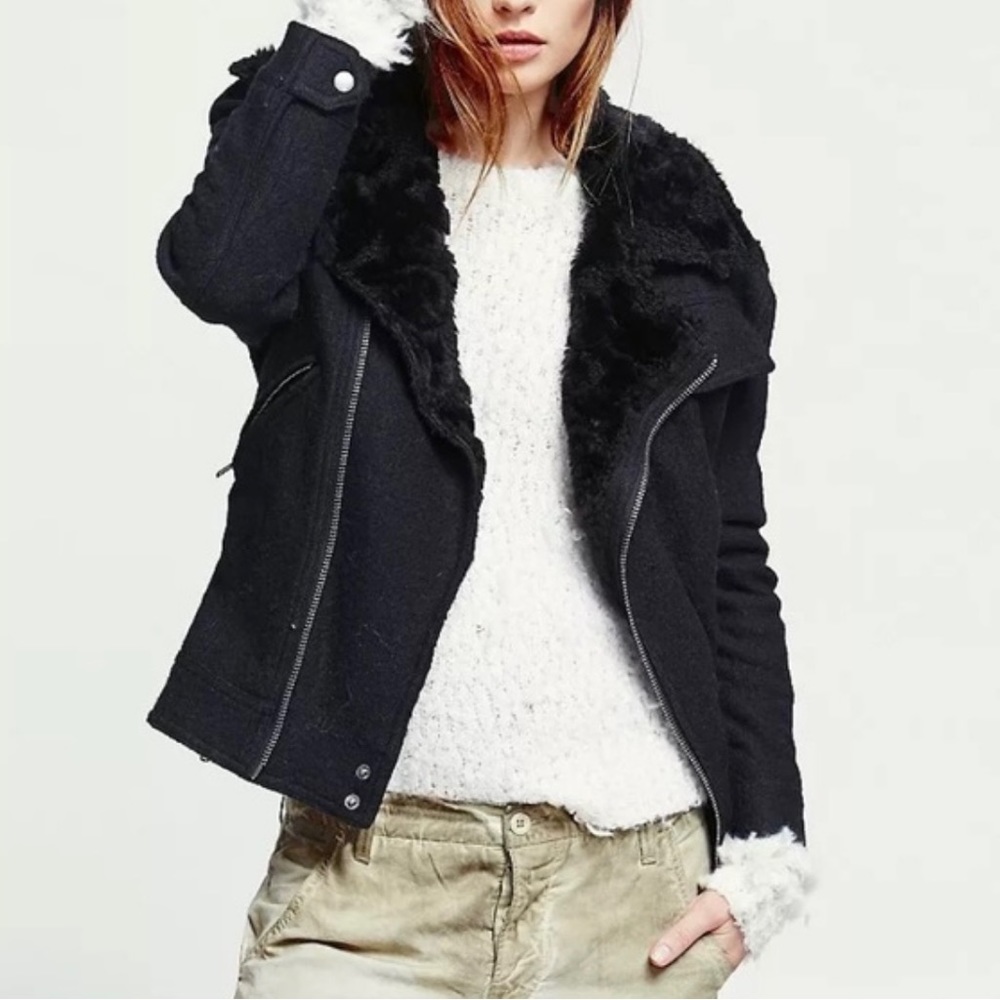 Free People Faux Fur Trim Moto Black Jacket Coat Size XS